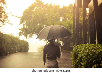 Laughing Woman With Umbrella Checking For Rain,Rainy Summer.