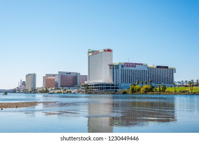 Laughlin, Nevada - November 10, 2018: The Colorado River flows past the hotels and casinos of Laughlin, Nevada.