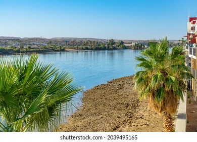 Laughlin, NV, USA – August 27, 2021: View of the Colorado River and Bullhead City, Arizona, taken from Laughlin, Nevada.
