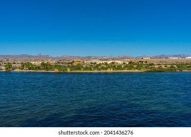 Laughlin, NV, USA – August 27, 2021: View of Bullhead City, Arizona, and the Colorado River as seen from Laughlin, Nevada.