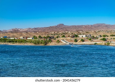 Laughlin, NV, USA – August 27, 2021: View of the Colorado River and of Bullhead City, Arizona as seen from Laughlin, Nevada. 