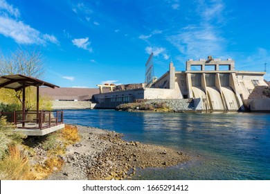 Laughlin, NV / USA – February 17, 2020: On the Colorado River, a viewing shelter for The Davis Dam north of Laughlin, Nevada and Bullhead City, Arizona.