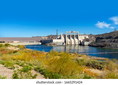 Laughlin, NV / USA – February 17, 2020: Wide view of the Davis Dam on the Colorado River north of Laughlin, Nevada and Bullhead City, Arizona.