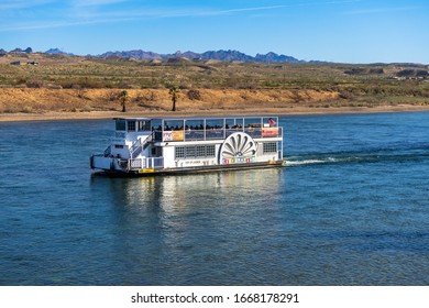 Laughlin, NV / USA – February 17, 2020: Operated by Laughlin River Tours, the Celebration River Boat, travels along the Colorado River in Laughlin, Nevada.