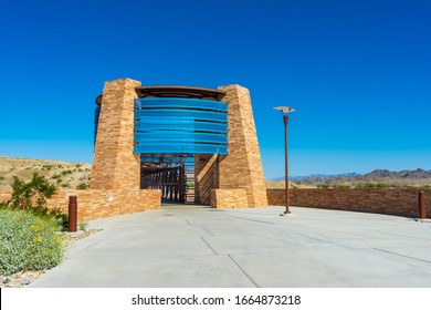 Laughlin, NV / USA – February 19, 2020: Entrance to Pedestrian Bridge for the Colorado River Heritage Greenway Park and Trails in Laughlin, Nevada 