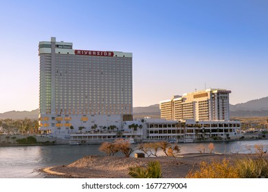 Laughlin, NV / USA – February 19, 2020: Resort complex of Don Laughlin’s Hotel and Casino on the Colorado River in Laughlin, Nevada. 