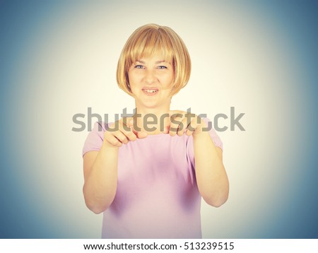 Laughter Young woman in pink dress. Haughty kind person. Isolated 