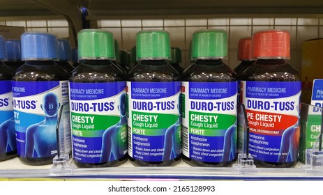 Launceston, Australia - Jun 22: Selective Focus View Of Duro-Tuss Chesty Cough, Cold And Flu Liquid Bottles On The Shelves At Local Pharmacy. The Elder Flower, Western Herbal Medicine