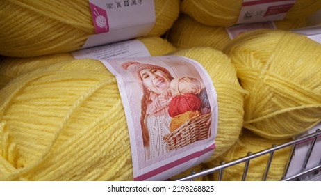 Launceston, Tasmania - Aug 22: Selective Focus View Of The Bright Color Wool Knitting Yarn Ball On The Local Art And Craft Shop. Winter Wool Art Craft Project. Hobby