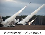 Launch of military missiles (rocket artillery) at the firing field during military exercise
