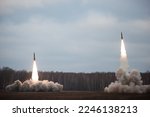 Launch of military missiles (rocket artillery) at the firing field during military exercise