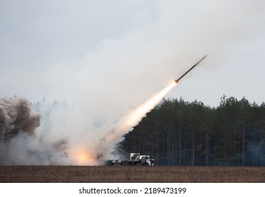 Launch Of Military Missiles (rocket Artillery) At The Firing Field During Military Exercise