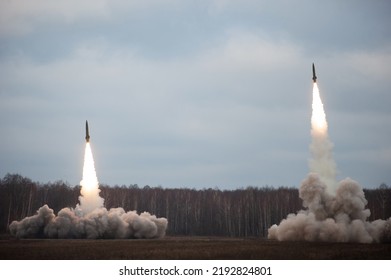 Launch of military missiles (rocket artillery) at the firing field during military exercise