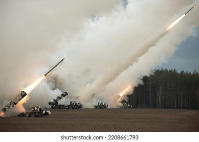 Launch Of Military Missiles (rocket Artillery) At The Firing Field During Military Exercise