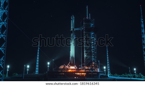 Launch\
Pad Complex: Successful Rocket Launching with Crew on a Space\
Exploration Mission. Flying Spaceship Blasts Flames and Smoke on a\
Take-Off. Humanity in Space, Conquering\
Universe