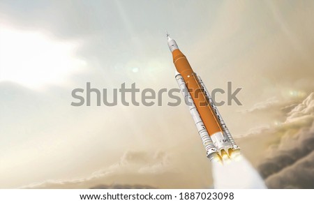 Launch of rocket in the space. Spaceship in the sky. Take off from Earth. SLS. Elements of this image furnished by NASA