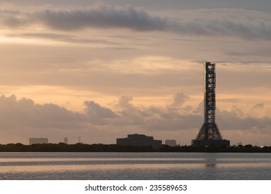 Launch Tower At Sunrise In Kennedy Space Center, Orlando, Florida