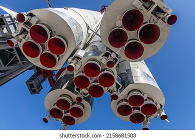 Launch vehicle on the launchpad. launch vehicle with large metal nozzles on the launch pad bottom view