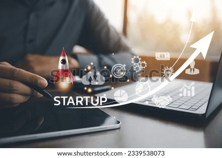 Launch your startup with this rocket icon taking off from a laptop, symbolizing growth, innovation, and success. Network connection on modern virtual interface.