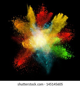 Launched Colorful Powder, Isolated On Black Background