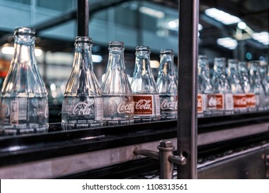 LAUNDA/ANGOLA - 23 MAY 2018 - Coca Cola Factory, Ready-to-fill Bottles On The Line.