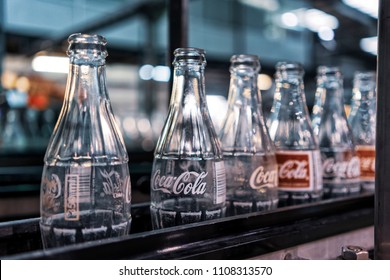 LAUNDA/ANGOLA - 23 MAY 2018 - Coca Cola Factory, Ready-to-fill Bottles On The Line.