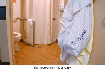 Laundry Bag Hanging On A Hospital Bathroom Door