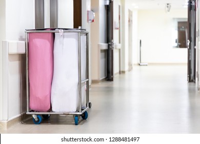 Laundry Bag With Patients Linen Collect By Housekeeping In Hospital Ward