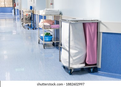 Laundry Bags Collect Dirty Used Linen Of Patients At Hospital Ward For Washing And Disinfect.