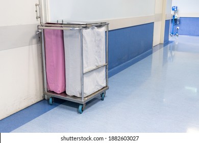 Laundry Bags Collect Dirty Used Linen Of Patients At Hospital Ward For Washing And Disinfect.