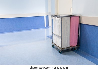 Laundry Bags Collect Dirty Used Linen Of Patients At Hospital Ward For Washing And Disinfect.