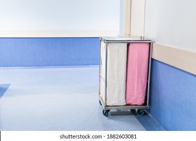 Laundry Bags Collect Dirty Used Linen Of Patients At Hospital Ward For Washing And Disinfect.