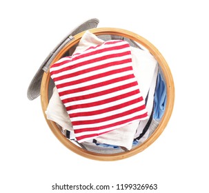 Laundry Basket With Dirty Clothes On White Background, Top View