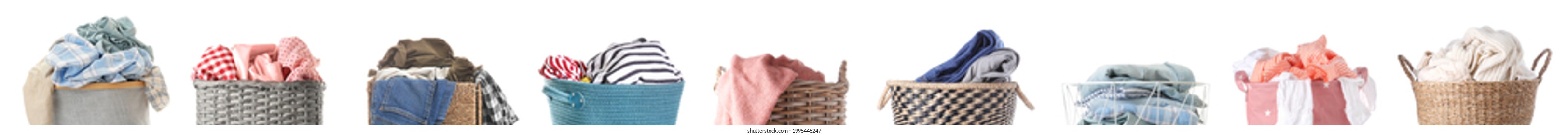 Laundry baskets with different dirty clothes on white background