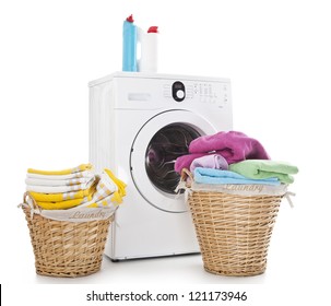 Laundry Baskets And Washing Machine Isolated On White Background