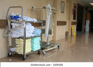 Laundry In Hallway Of Hospital