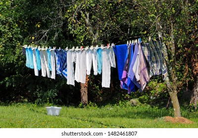 Laundry Hanging On Clothesline Between Trees Stock Photo (Edit Now ...