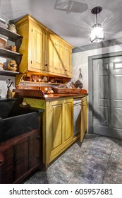 The Laundry Room In A Primitive Colonial Reproduction Home, With Modern Appliances And Amenities Behind A Reproduction Cabinetry And Plumbing Facade.