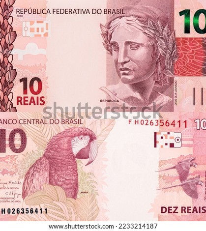 Laureate effigy of the symbolic sculpture of the Brazilian Republic (República), Portrait from Brazil 10 Reais 2010 Banknotes. 