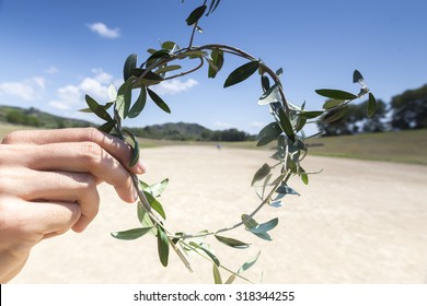 Laurel Wreath Close-up At Olympia, Birthplace Of The Olympic Games, In Greece.