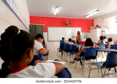 Lauro De Freitas, Bahia, Brazil - August 21, 2019: Public School Students Are Seen In A Classroom In The City Of Lauro De Freitas.