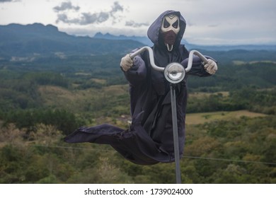 Lauro Muller, Santa Catarina, Brazil - May 22, 2020: Scary Biker Ghost Doll Floating Amid Serra Do Rio Do Rastro Fields