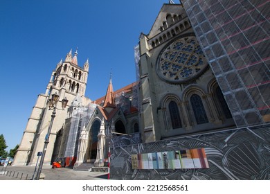 Lausanne, Switzerland 15.7.2022 Cathedral Of Notre Dame Under Renovation. Scaffolding Around Tourist Attraction