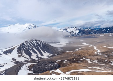 The lava dome of Novarupta. The Valley of Ten Thousand Smokes in Katmai National Park and Preserve in Alaska is filled with ash flow from Novarupta eruption in 1912. Aerial view of crater. 