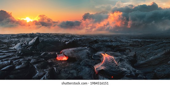 Lava Field under sunset clouds on background - Shutterstock ID 1984516151