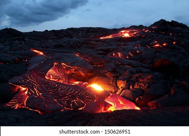 Lava Flowing At Twilight, Big Island, Hawaii