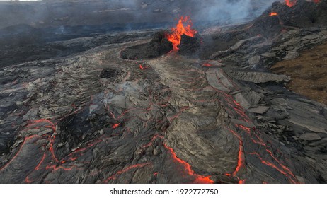 Lava Flows on active volcano aerial view, Mount Fagradalsfjall, Iceland
				of Hot lava and magma coming out of the crater, April 2021 
				