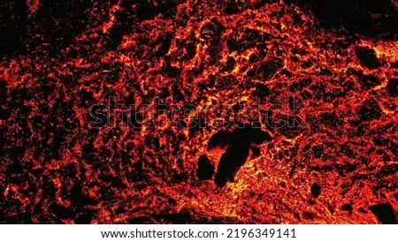 Lava Flows on active volcano aerial view of Meradalir , Iceland of Hot lava and magma coming out of the crater, August 2022
