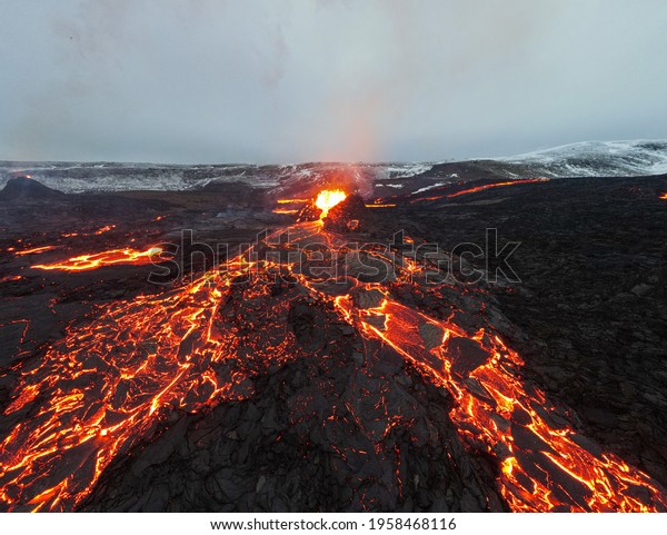 Lava Flows on active volcano aerial view, Mount\
Fagradalsfjall, Iceland