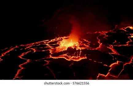 Lava lake, Lava flow at night, Nyiragongo, DR Congo, active Volcano,